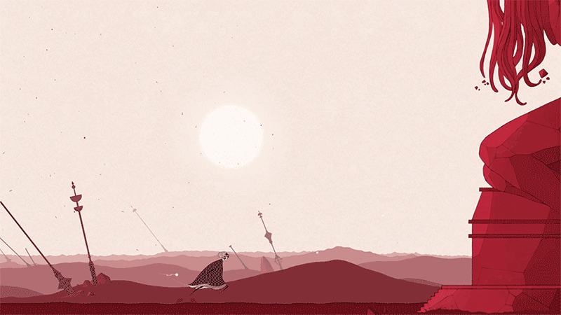 Gris running from a desert into a crumbling temple in a red hue